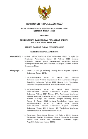 Peraturan Daerah Prov. Kepri Nomor 07 Tahun 2016
