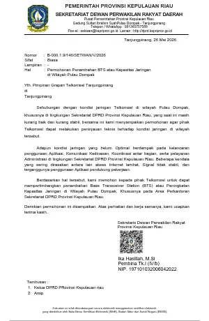 Permohonan Penambahan BTS atau Kapasitas Jaringan di Wilayah Pulau Dompak