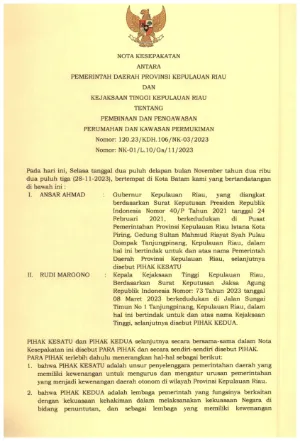 Nota Kesepakatan Antara Pemda dan Kejati tentang Pembinaan dan Pengawasan Perkim ttd Gubernur