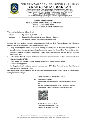 SURAT PERNYATAAN PENGUMUMAN PAKET BARANG DAN JASA
