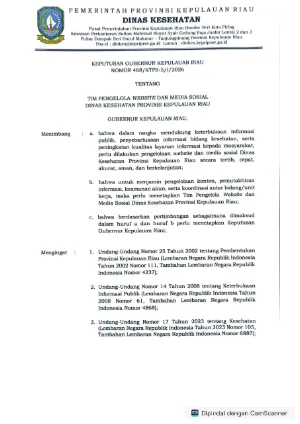 SK Tim Pengelola Website dan Media Sosial Dinas Kesehatan Provinsi Kepulauan Riau