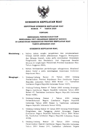 SK Gub Kepri Nomor 14 Tahun 2025 Bendahara Pengeluaran