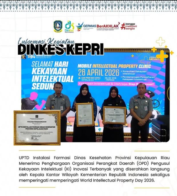 UPTD Instalasi Farmasi Dinkes Kepri Raih Penghargaan OPD Pengusul KI Inovasi Terbanyak