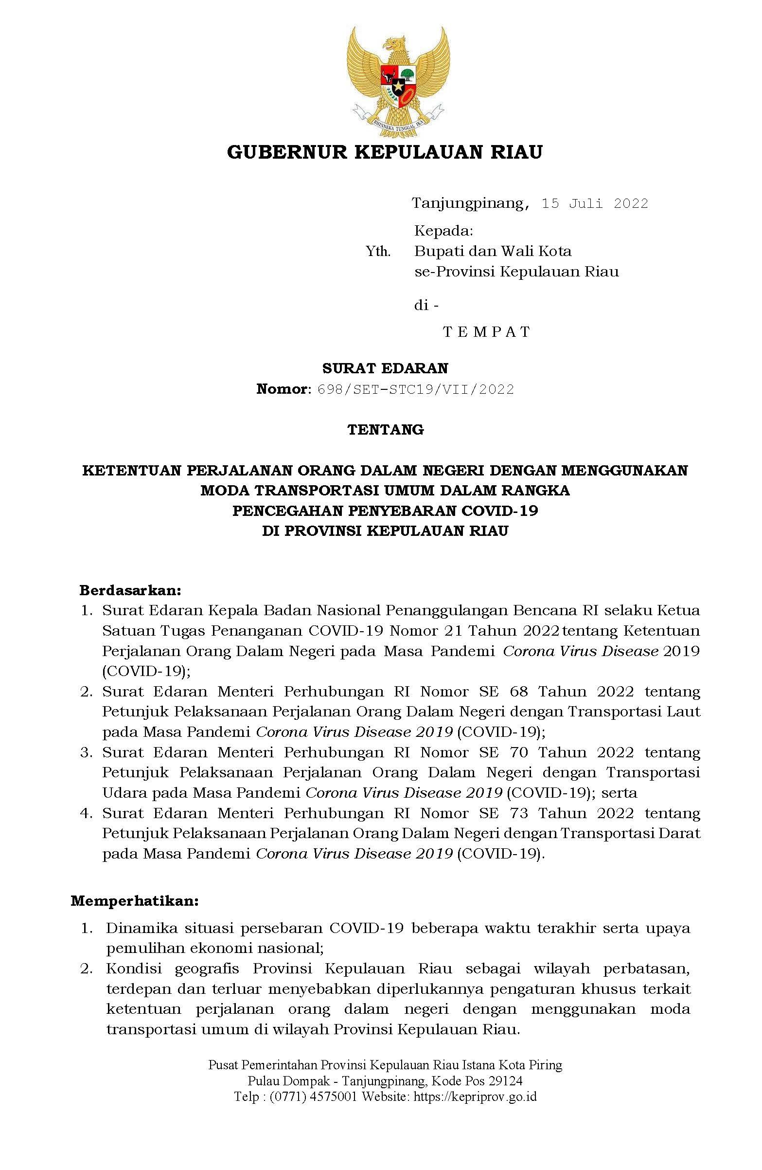 Berlaku 17 Juli 2022, Gubernur Kepri Keluarkan Surat Edaran Ketentuan Perjalanan Dengan Moda Transportasi Umum