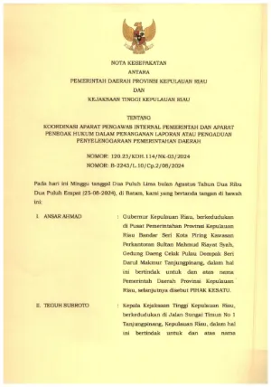 Nota Kesepakatan Antara Pemda dan Kejati tentang Koordinasi AAIP dan Aparat Penegak Hukum ttd Gubernur