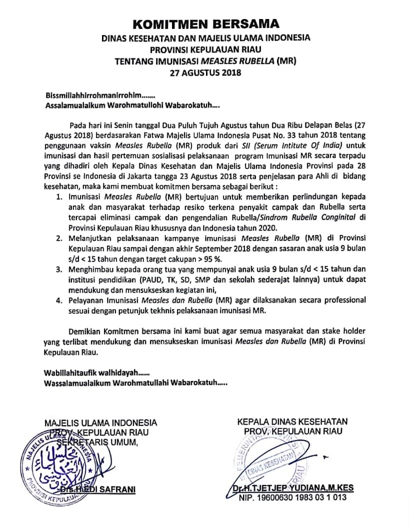Dinkes dan MUI Kepri Komitmen Dalam Melanjutkan Imunisasi Vaksin Measles Rubella.