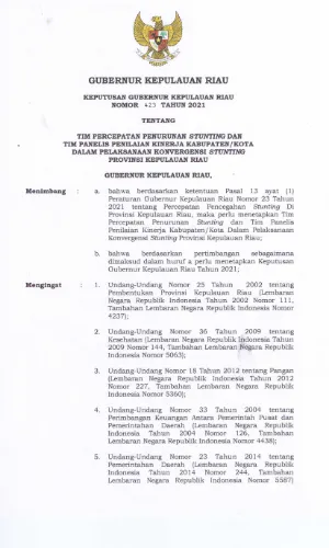 SK Tim Percepatan Penurunan Stunting dan Tim Panelis Penilian Kinerja Kab/Kota Dalam Pelaksanaan Konvergensi Stunting