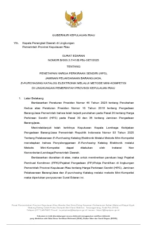 Surat Edaran tentang Penetapan Harga Perkiraan Sendiri (HPS), Jaminan Pelaksanaan Barang/Jasa, E-Purchasing Katalog Elektronik Melalui Metode Mini-Kompetisi 2025