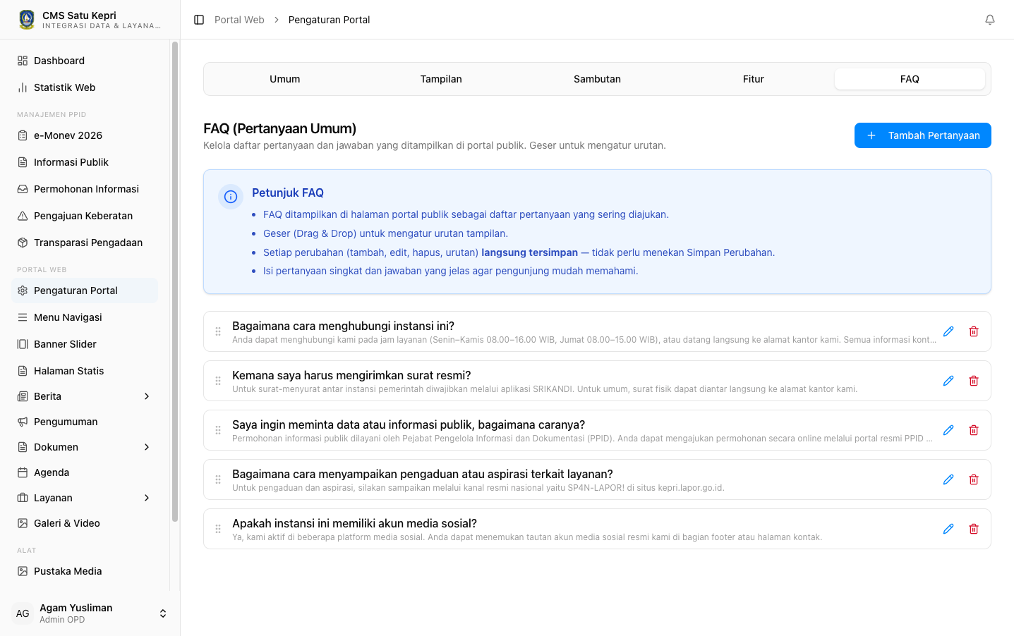 Tab FAQ — Manajemen Daftar Pertanyaan