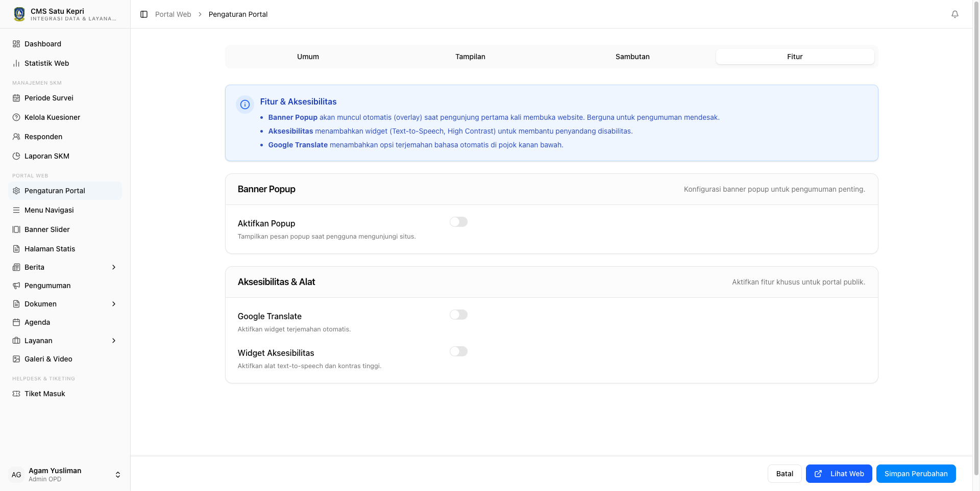 Tab Fitur — Toggle Banner, Translate, Aksesibilitas