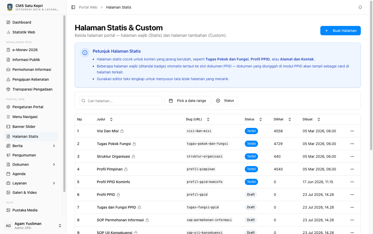 Halaman Daftar Halaman Statis