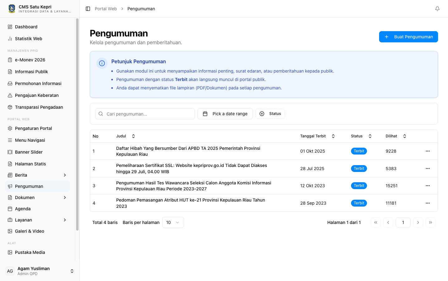 Halaman Daftar Pengumuman