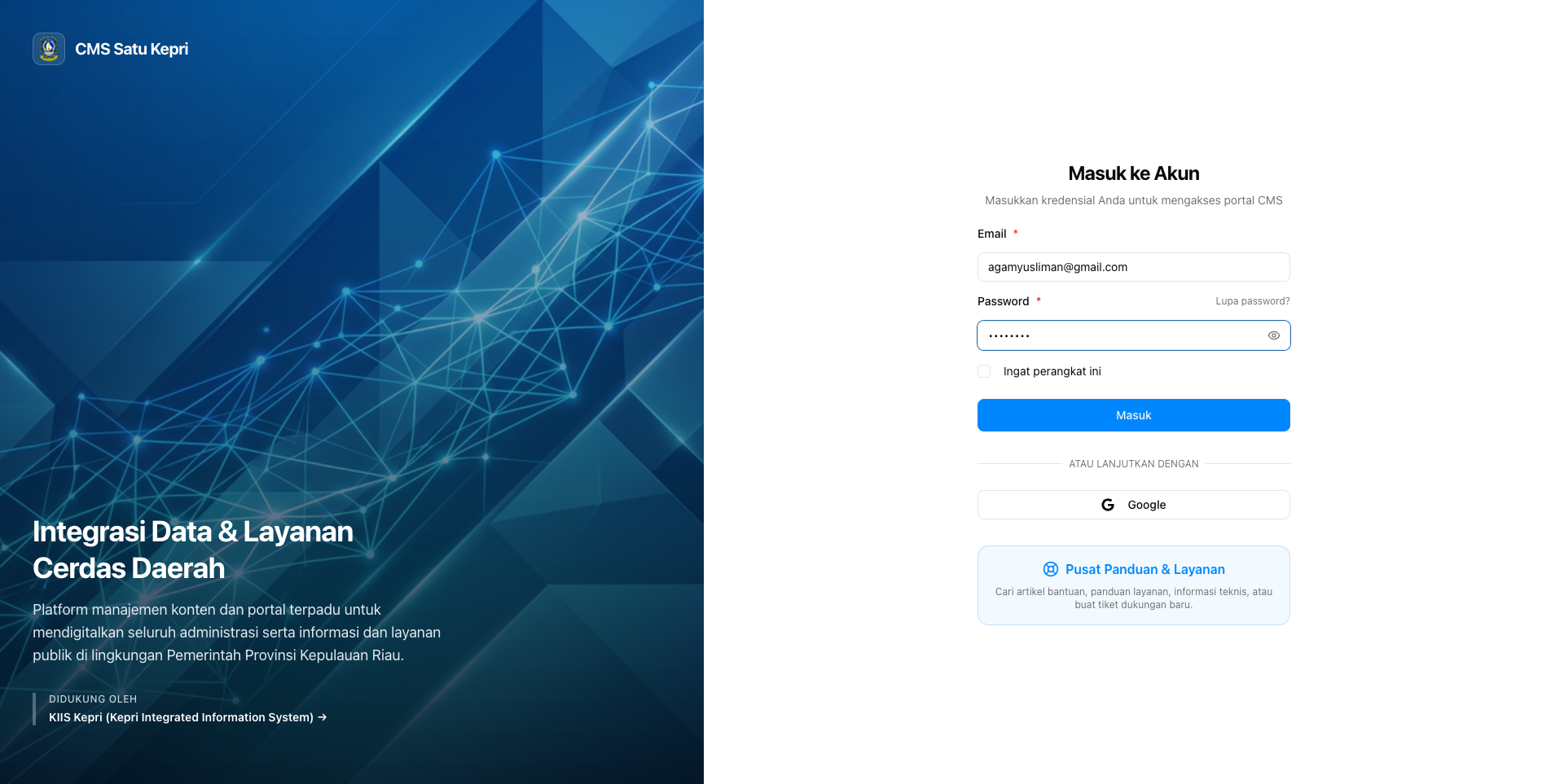 Halaman Login CMS Satu Kepri